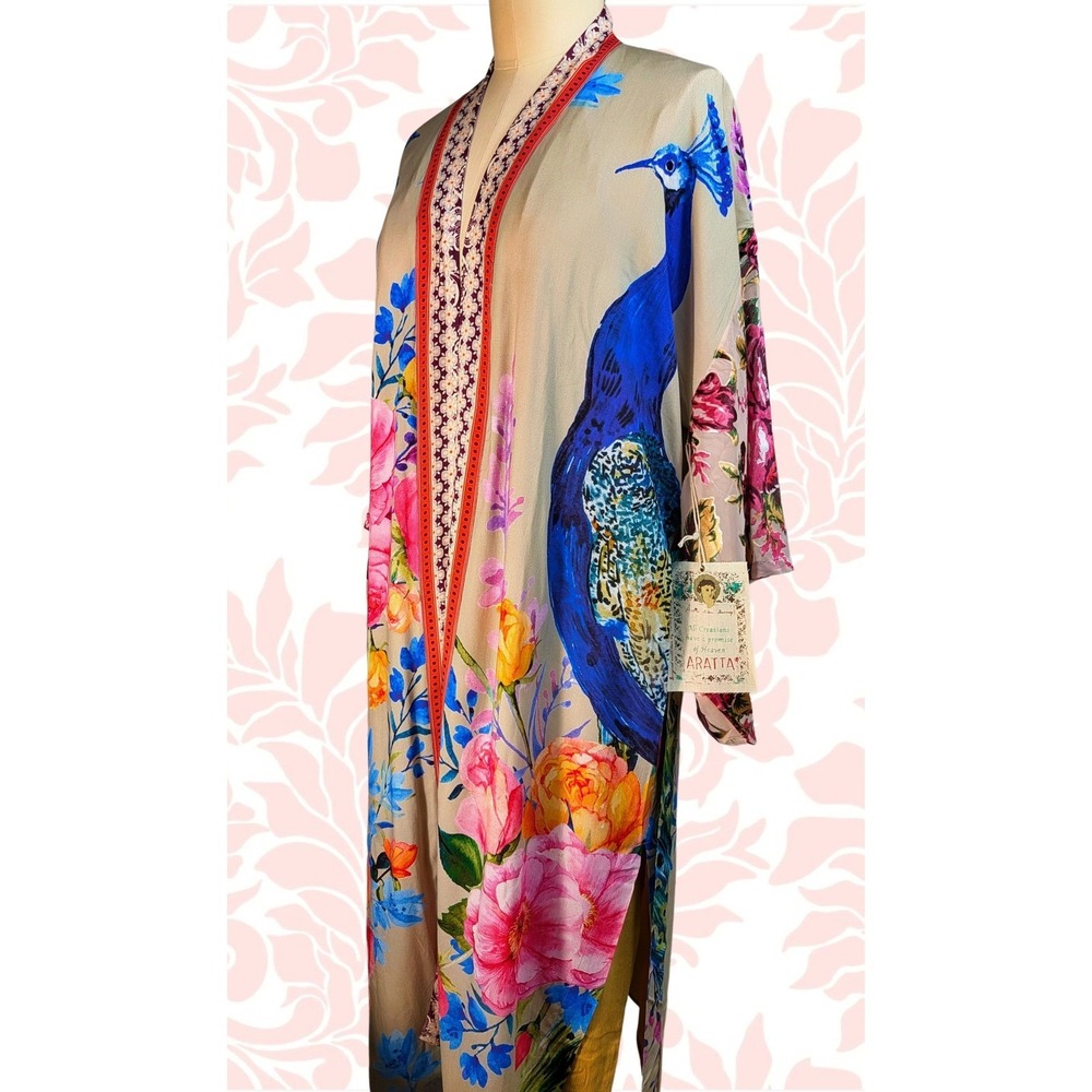 Aratta Silent Journey Peacock Floral Kimono Duster Burnout Velvet Sleeves NWT